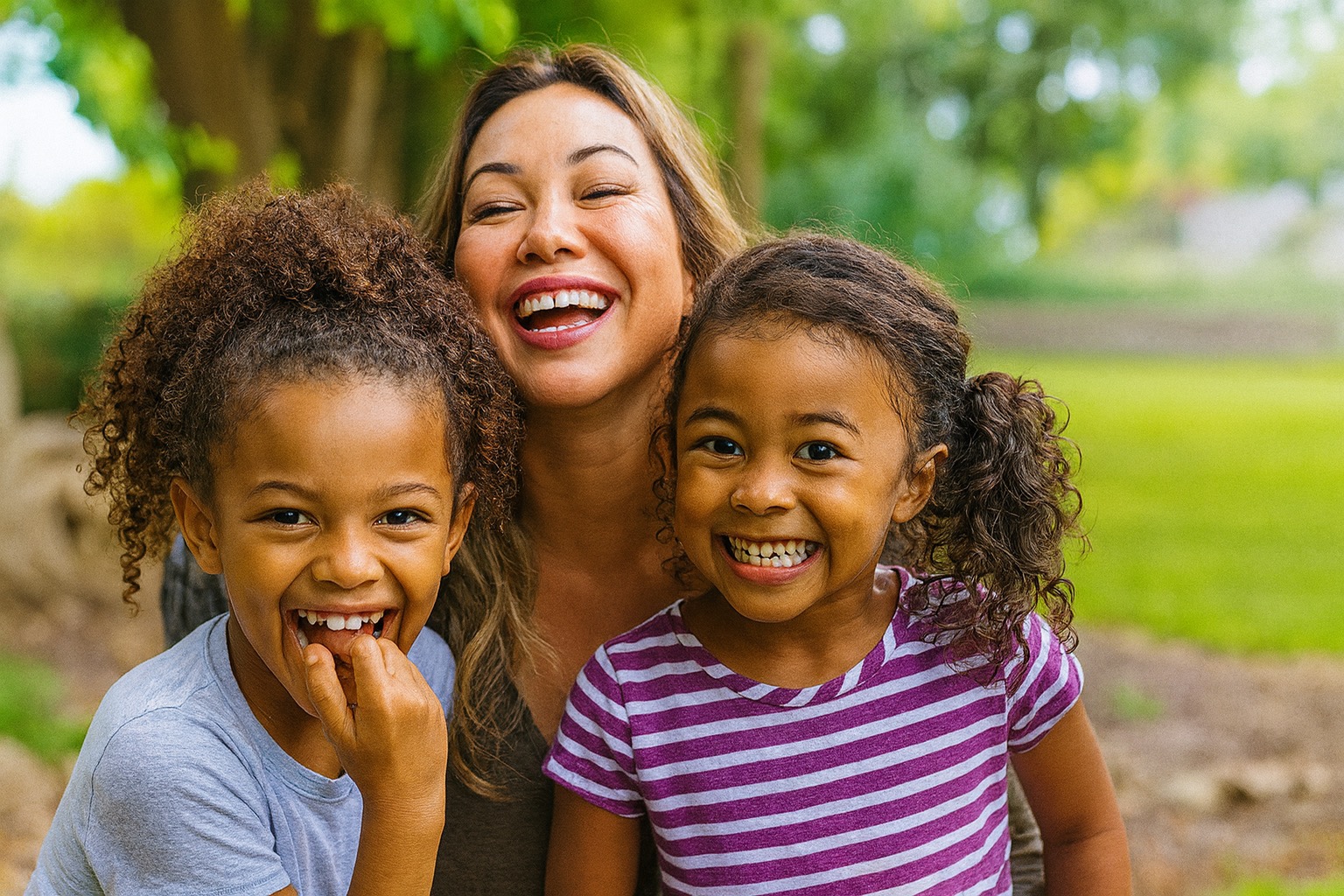 Mother and children outdoors